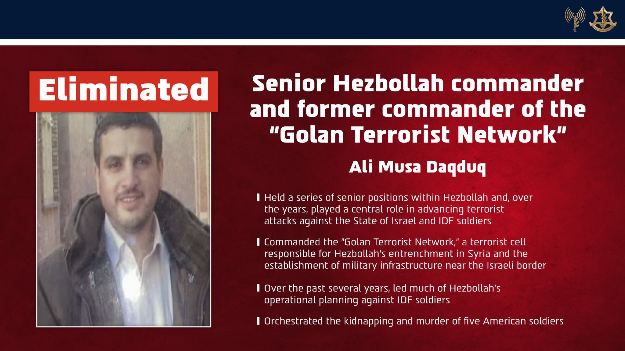 Senior Hezbollah Commander Behind Deadly 2007 Attack on U.S. Troops Eliminated in Israeli Strike